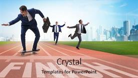  Presentation with competition - Colorful slide set enhanced with hurdle race - businessman beating competition on skateboard backdrop and a coral colored foreground