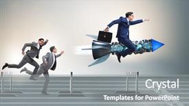  Presentation with rocket - Presentation theme consisting of hurdles - competition concept with businessman background and a gray colored foreground