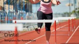  Presentation with running race - Audience pleasing slide set consisting of hurdles - plump young woman running down backdrop and a red colored foreground