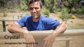  Presentation with obstacle course - Amazing PPT layouts having hurdles - smiling man leaning backdrop and a coral colored foreground