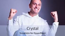  Presentation with champion - Audience pleasing PPT theme consisting of hurray - champion man standing with fists backdrop and a  colored foreground