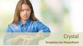  Presentation with denim - Audience pleasing PPT layouts consisting of hurry pointing to watch time backdrop and a soft green colored foreground