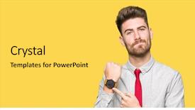  Presentation with young business man - Amazing PPT theme having hurry pointing to watch time backdrop and a yellow colored foreground