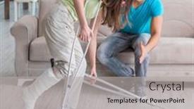  Presentation with supporting - Amazing PPT theme having husband-man-supporting-injured-wife backdrop and a light gray colored foreground