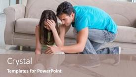  Presentation with husband and wife - Amazing PPT theme having husband-man-supporting-injured-wife backdrop and a coral colored foreground