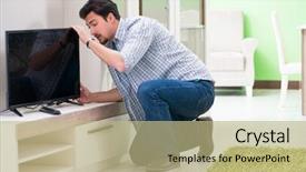  Presentation with home - Audience pleasing PPT theme consisting of husband repairing tv at home backdrop and a  colored foreground