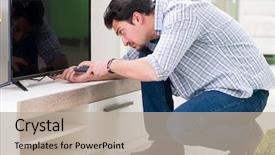  Presentation with home appliances - Audience pleasing slides consisting of husband repairing tv at home backdrop and a mint green colored foreground