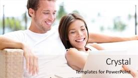  Presentation with young happy couple - Colorful slide set enhanced with husband wife - couple in sofa with laptop backdrop and a lemonade colored foreground