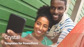  Presentation with multi ethnic group - Presentation enhanced with huts - front view of happy multi-ethnic background and a coral colored foreground