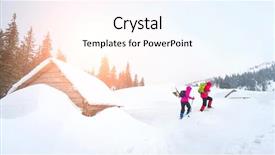  Presentation with snow mountain - Colorful PPT layouts enhanced with huts - hikers going by old wooden backdrop and a sky blue colored foreground