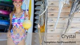  Presentation with hut - PPT theme enhanced with huts - woman holding surfboard while standing background and a  colored foreground