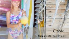  Presentation with hut - Amazing slide set having huts - woman holding surfboard while standing backdrop and a  colored foreground