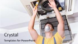  Presentation with hvac engineering - Slide set consisting of hvac engineering - repairman repairing ceiling air conditioning background and a sky blue colored foreground