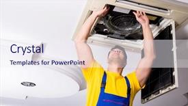  Presentation with air conditioning - PPT layouts enhanced with hvac engineering - repairman repairing ceiling air conditioning background and a sky blue colored foreground