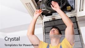  Presentation with air conditioning - Audience pleasing PPT layouts consisting of hvac engineering - repairman repairing ceiling air conditioning backdrop and a light gray colored foreground