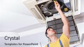 Presentation with air conditioning engineering - Presentation design with hvac engineering - repairman repairing ceiling air conditioning background and a sky blue colored foreground