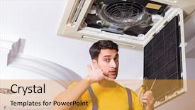  Presentation with hvac engineering - Presentation design having hvac engineering - repairman repairing ceiling air conditioning background and a gold colored foreground