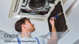  Presentation with air conditioning - Amazing PPT theme having hvac engineering - worker repairing ceiling air conditioning backdrop and a light blue colored foreground