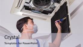  Presentation with air conditioning - Audience pleasing presentation consisting of hvac engineering - worker repairing ceiling air conditioning backdrop and a light gray colored foreground