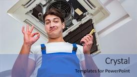  Presentation with air conditioning - Beautiful slide deck featuring hvac engineering - worker repairing ceiling air conditioning backdrop and a teal colored foreground