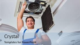  Presentation with hvac engineering - Slide set featuring hvac engineering - worker repairing ceiling air conditioning background and a light blue colored foreground