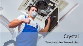  Presentation with air conditioning - Cool new theme with hvac engineering - worker repairing ceiling air conditioning backdrop and a light blue colored foreground