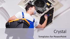  Presentation with air conditioning - Slide deck having hvac engineering - worker repairing ceiling air conditioning background and a light gray colored foreground
