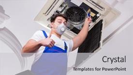  Presentation with air conditioning - Presentation consisting of hvac engineering - worker repairing ceiling air conditioning background and a light gray colored foreground