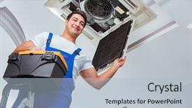  Presentation with hvac engineering - Cool new PPT theme with hvac engineering - worker repairing ceiling air conditioning backdrop and a light blue colored foreground
