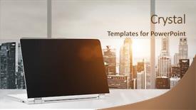  Presentation with laptop blank screen - Amazing slide deck having laptop on table in office with panoramic sunset view of modern downtown skyscrapers at business district blank screen backdrop and a lemonade colored foreground
