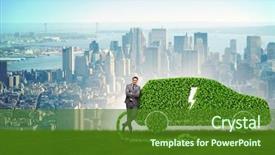  Presentation with electric car battery - Slides with hybrid auto battery - businessman in green electric car background and a forest green colored foreground