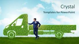  Presentation with vehicle - Presentation having hybrid vehicles - businessman with green ecological vehicle background and a sky blue colored foreground