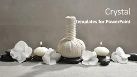  Presentation with white hydrangea - Cool new presentation theme with hydrangea petals with pile of black stones and white candle o herbal ball n gray background backdrop and a gray colored foreground