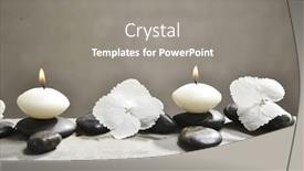  Presentation with white hydrangea - Colorful presentation theme enhanced with hydrangea petals with pile of black stones and white candle on gray background backdrop and a gray colored foreground