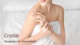  Presentation with pharmaceutical cream - Beautiful theme featuring hydration - young woman applying hand cream backdrop and a lemonade colored foreground