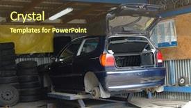  Presentation with car service - PPT theme enhanced with car tires being changed background and a tawny brown colored foreground
