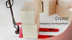  Presentation with pallet - Audience pleasing theme consisting of fork pallet truck with stack of cardboard boxes indoors backdrop and a mint green colored foreground