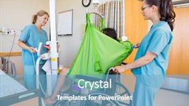  Presentation with nurses - Amazing PPT theme having hydraulics - nurses transferring male patient backdrop and a light blue colored foreground