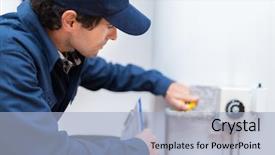  Presentation with plumber - Colorful presentation theme enhanced with hydraulics - plumber repairing an hot-water heater backdrop and a light blue colored foreground