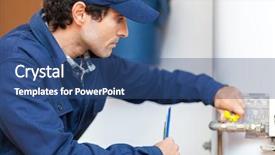  Presentation with plumber - Beautiful PPT layouts featuring hydraulics - plumber repairing an hot-water heater backdrop and a ocean colored foreground