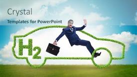  Presentation with hydrogen - PPT theme featuring hydrogen car concept in ecological transportation concept background and a sky blue colored foreground