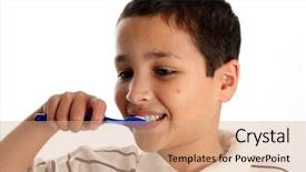  Presentation with toothpaste little kid boy brushing - Beautiful presentation featuring hygene - young boy with brown hair backdrop and a coral colored foreground