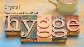  Presentation with cup coffee - Slides featuring hygge-word-in-vintage-letterpress background and a coral colored foreground