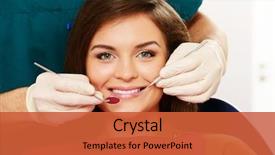  Presentation with robotics in surgery - Colorful presentation theme enhanced with oral hygiene - young brunette woman at dentist's backdrop and a red colored foreground