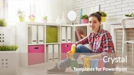  Presentation with cleaning - Amazing PPT layouts having hygiene activities - beautiful young woman makes cleaning backdrop and a coral colored foreground