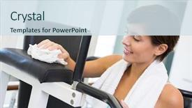  Presentation with gym - PPT layouts enhanced with hygiene activities - fit brunette wiping down bench background and a sky blue colored foreground