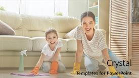 Presentation with displaying a happy mother cudd - Beautiful PPT layouts featuring hygiene activities - happy family cleans the room backdrop and a coral colored foreground