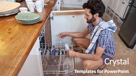  Presentation with dishwashing - PPT theme with hygiene activities - man packing dirty dishes background and a coral colored foreground