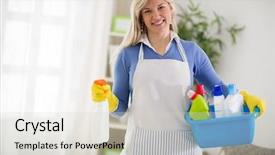  Presentation with cleaning service - Cool new slide set with hygiene activities - woman from cleaning service start backdrop and a soft green colored foreground