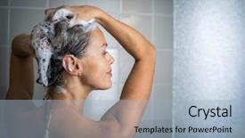  Presentation with young business woman smile show - Theme with hygiene activities - woman taking a long hot background and a light blue colored foreground